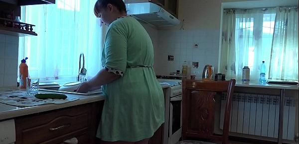  Chubby with fat ass fucks anal with cucumber, organic masturbation in the kitchen.